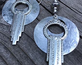 Hammered Silver Art Deco Dangle Earrings: Sterling Silver Earwires