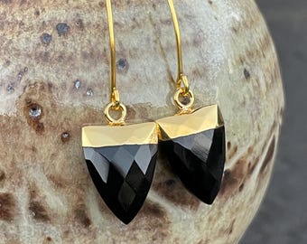 Black Onyx Dangle Earrings: 18k Gold Electroplate, Lightweight Jewelry