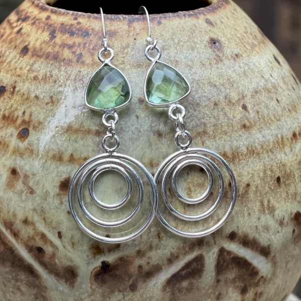 Sterling silver multi hoop earrings, silver prasiolite earrings, sterling silver jewelry, gemstone earrings, handmade gemstone jewelry, Boho