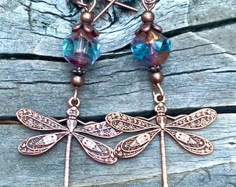Crystal Dragonfly Earrings: Copper Insect Jewelry