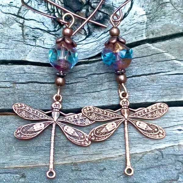 Crystal Dragonfly earrings, nature earrings, insect jewelry, copper dragonfly earrings, dragonfly, Dragonfly gift