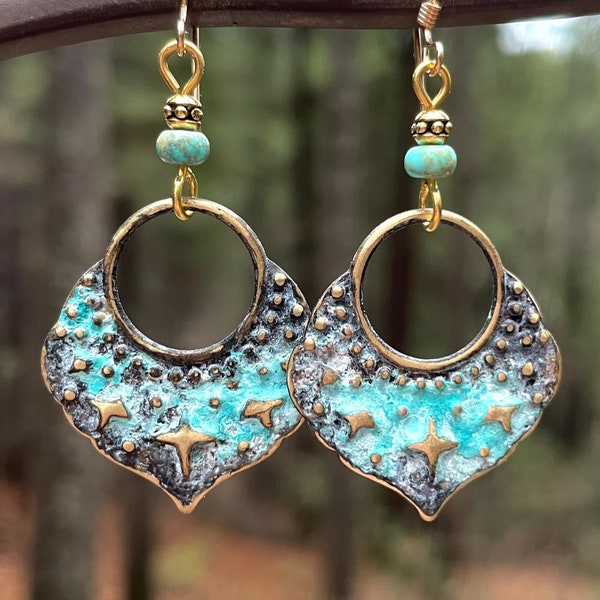 Vintage patina earrings, patina Jewelry, patina dangle earrings, Boho dangle earrings, Boho jewelry, unique patina brass earrings