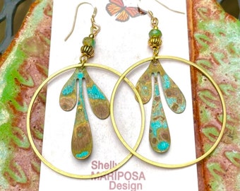 Brass hoop earrings, patina and brass earrings, Boho earrings, hippie earrings, bohemian earrings