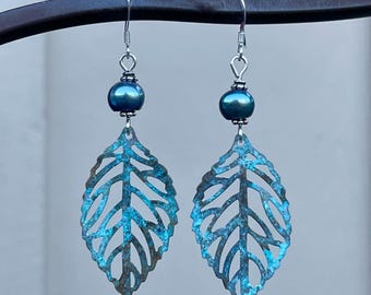 Pearl Leaf Dangle Earrings: Turquoise Patina Sterling Silver Boho Earrings