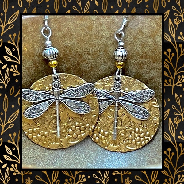 Silver and gold Dragonfly earrings, silver dragonfly, unique dragonfly dangle earrings, vintage, dragonfly jewelry, dragonfly gift