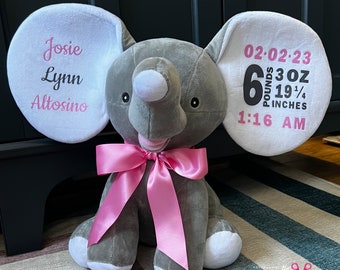 Personalized Baby Elephant-Birth Announcement-Stuffed Animal-Baby Birth Stats-Elephant-Unique Baby Gift-Big Ear Elephant-New Baby Gift