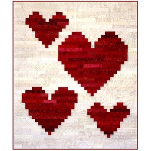 Four of Hearts Strip Pieced Quilt Pattern- Jelly Roll Friendly Quilt Designed by  J.Michelle Watts - Heart Quilt - Love Quilt - DOWNLOAD