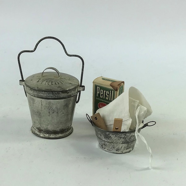 Vintage Laundry Items For Doll or Dollhouse. Wash Tub, Pail, Pegs, Bloomers and Wash Powder Box.