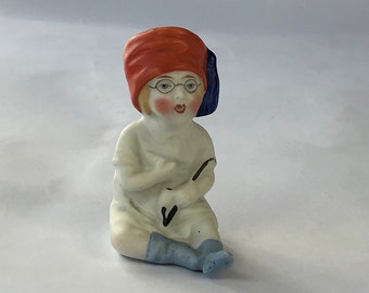 Vintage Bespectacled Bisque  Figure. Holding A Pipe. Hand Painted. C.1910