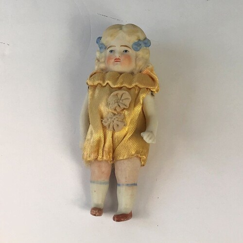 Pretty German Miniature Bisque Girl Doll With Moulded Blond shops Hair, Painted Face, Hair And Shoes.