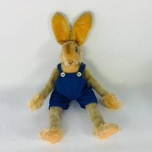 Vintage Steiff Lulac Rabbit. With Steiff Button. Dressed In Blue Dungarees. C. 1950-60.