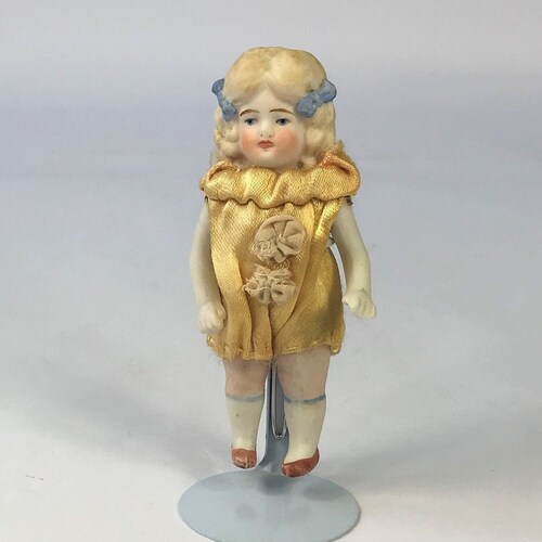 Pretty German Miniature Bisque Girl Doll With Moulded Blond shops Hair, Painted Face, Hair And Shoes.