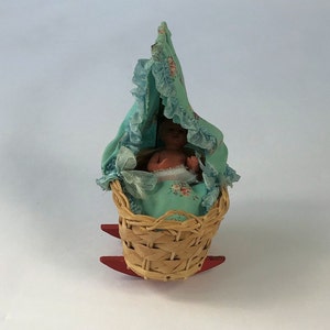 Vintage Miniature Dollhouse Wicker Cradle with Wooden rocker & Celuloid Baby Doll