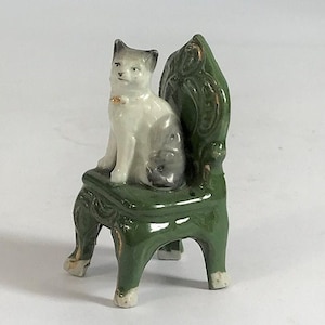 Vintage Porcelain Figure Cat Sat On Chair. Ideal For Dollhouse.