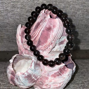 Peut inclure: Un bracelet de perles marron foncé repose sur un coquillage rose et blanc. Le bracelet est composé de perles rondes et polies. Le coquillage a une surface texturée et une forme naturelle. Le fond est un tissu gris texturé.