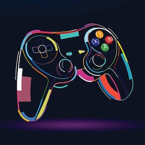 Peut inclure: Une illustration abstraite et colorée d'une manette de jeu vidéo. La manette est dessinée dans différentes couleurs, notamment le rouge, l'orange, le jaune, le vert, le bleu et le violet. La manette est placée sur un fond bleu foncé.