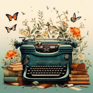 Op de afbeelding: Een turquoise vintage schrijfmachine wordt omringd door stapels boeken, oranje en gele bloemen, vlinders en groen. De toetsen van de schrijfmachine zijn zwart, wat een vintage en bloemige esthetiek creëert.