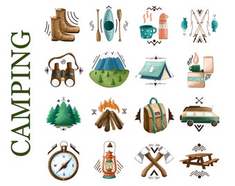 16 Camping Instagram icons. Highlight story covers. Nature, travel, adventure, hiking, trekking, camp