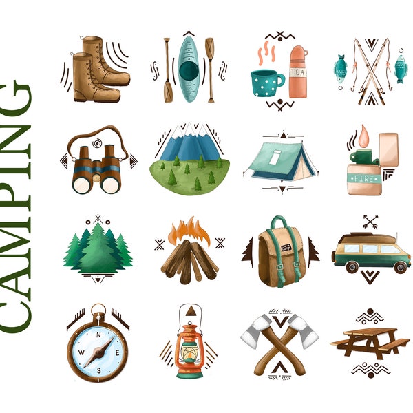 16 Camping Instagram icons. Highlight story covers. Nature, travel, adventure, hiking, trekking, camp