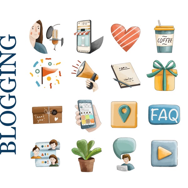 16 Blogging Instagram highlight icons. Blog, podcast, channel, profile, messaging, chat, CEO, shop, smartphone, writing, editor