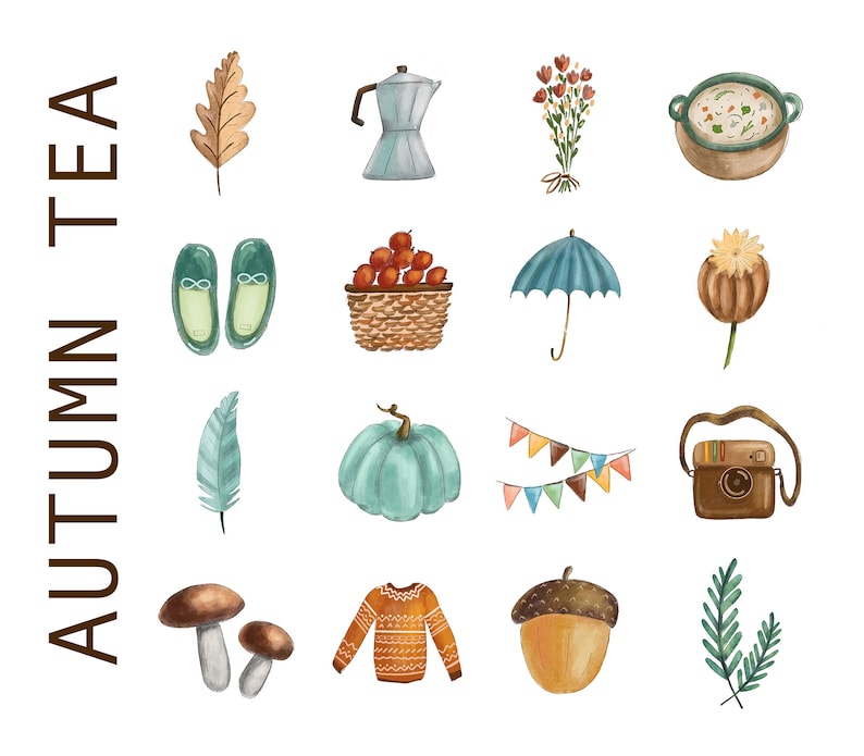 Autumn tea Instagram icons boho style Highlight story watercolor boho style cozy nature cute herbs Flowers cakes