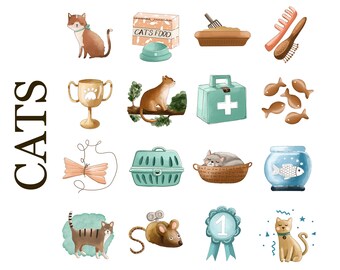 Cats Instagram icons. Highlight story watercolor boho style. Pets, care, domestic animals, veterinarian set