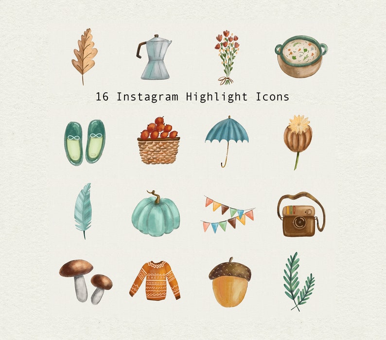 Autumn tea Instagram icons boho style Highlight story watercolor boho style cozy nature cute herbs Flowers cakes