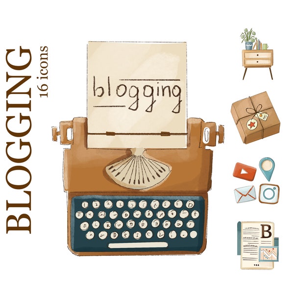 16 Blogging Instagram highlight icons. Blog, podcast, channel, profile, messaging, chat, CEO, shop, smartphone, writing, editor