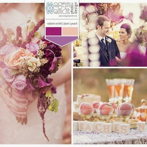 May include: A wedding-themed collage featuring a bride holding a bouquet of roses and other flowers in shades of purple, peach, and cream. The collage also includes a couple, peaches, and the word "PEACHES" spelled out in blocks. The text "Megan Wendt photo + design" is visible.