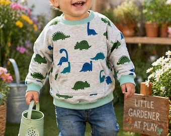 Maglione con dinosauro, girocollo e tasca frontale