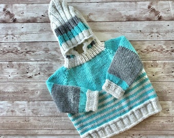 Back Zip Baby Sweater, 3-6 month Baby Sweater, Hand Knit Baby Sweater, Baby Hoodie,  Hooded Baby Sweater