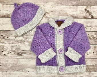 Hand Knit Baby Sweater Set, 0-3 month Baby Sweater and Hat, Knit Baby Set, Button Front Baby Sweater