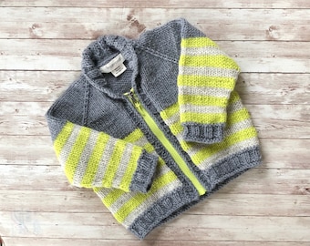 Hand Knit Baby Cardigan, 6-12 month Baby Sweater, Zip Front Baby Cardigan, Zip Front Toddler Sweater