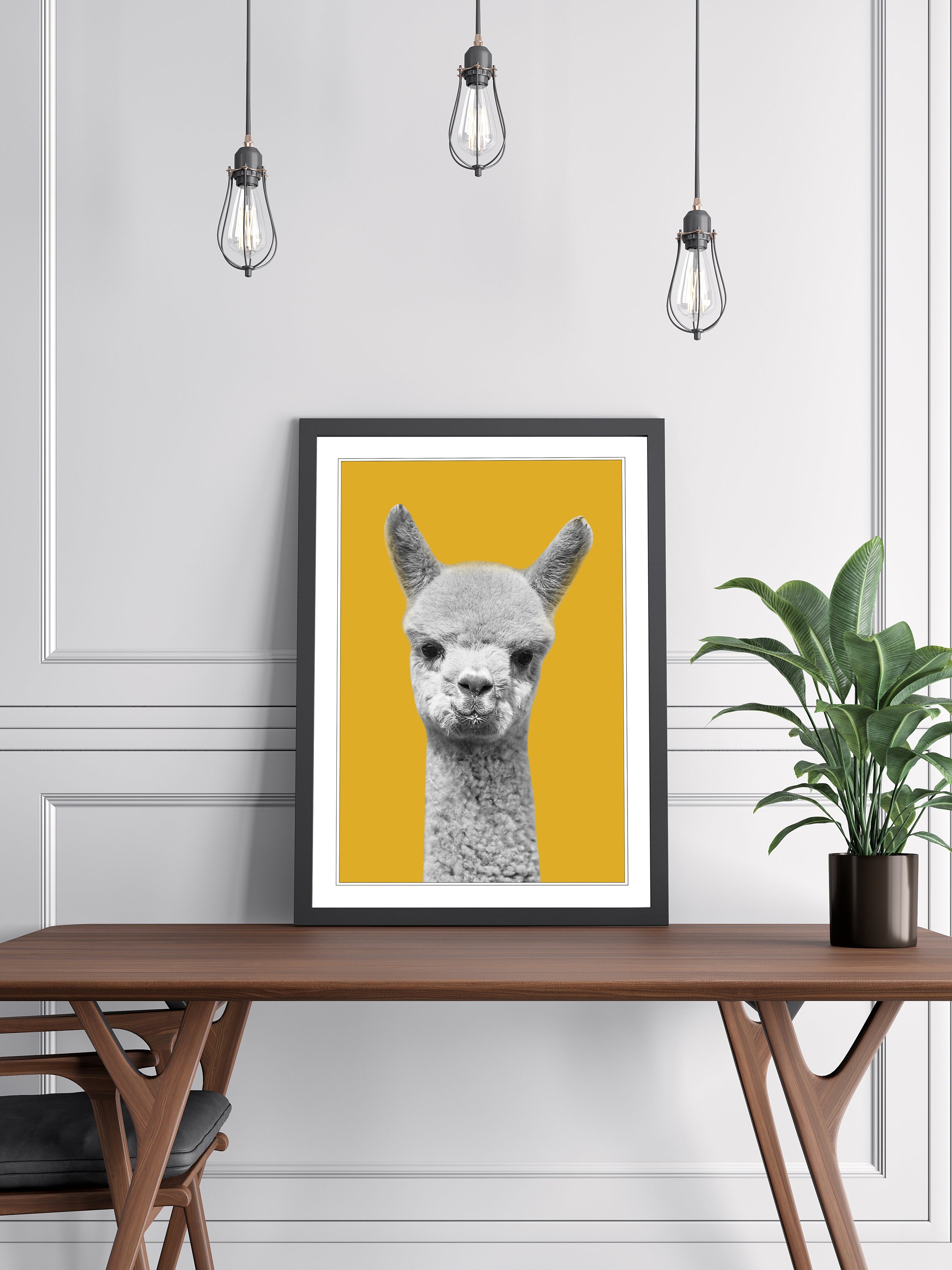 Happy Alpaca Framed Print Mustard Plain background Wall Art Etsy