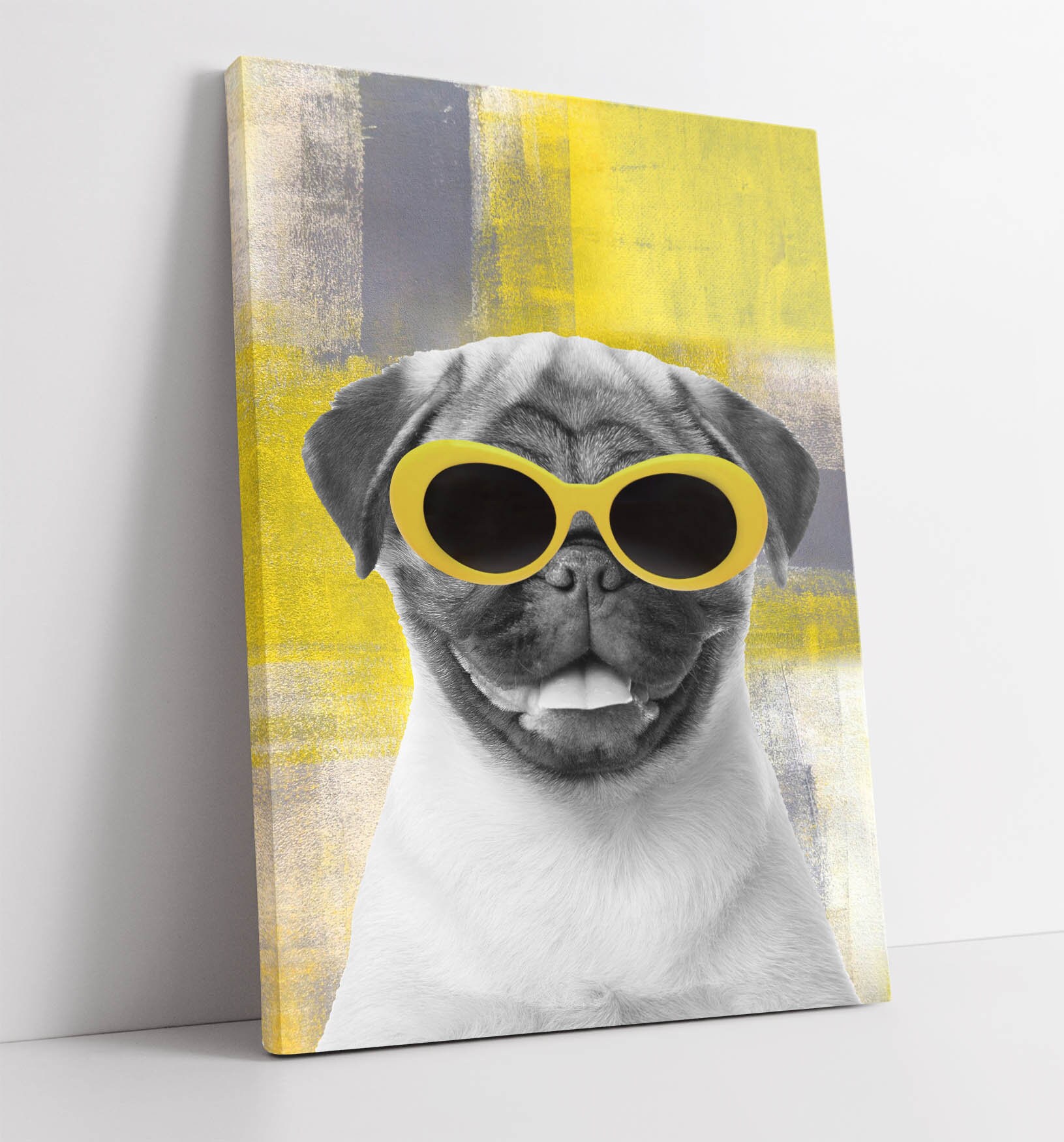 Pug Sunglasses Yellow Grey Abstract Canvas Wall Art Print Etsy