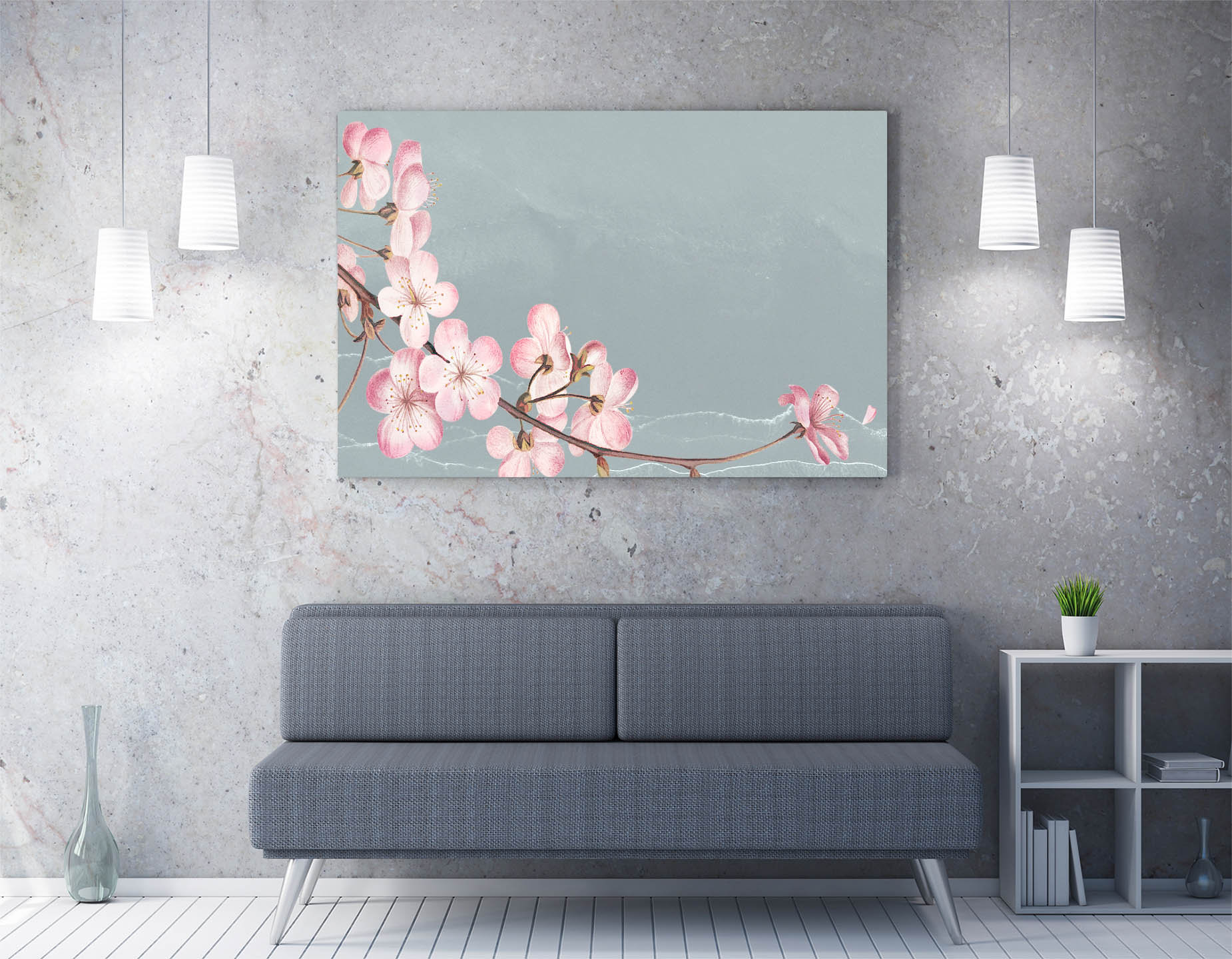 Cherry Blossom Blue Grey Pink Canvas Wall Art Print Artwork Etsy