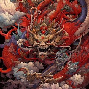 May include: A detailed illustration of a fierce dragon with a golden head, sharp teeth, and glowing red eyes. The creature features vibrant red scales, flowing mane, and blue accents, surrounded by stylized clouds against a dark background.