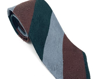 Shantung Block Striped Light Blue, Green and Brown Tie Handmade in Italy Luxury