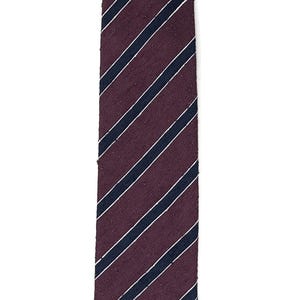 May include: A burgundy and navy blue striped tie. The tie has a diagonal stripe pattern.