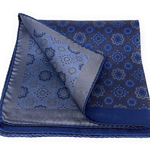 Blue and Brown Medallion Silk Italian Pocket Square