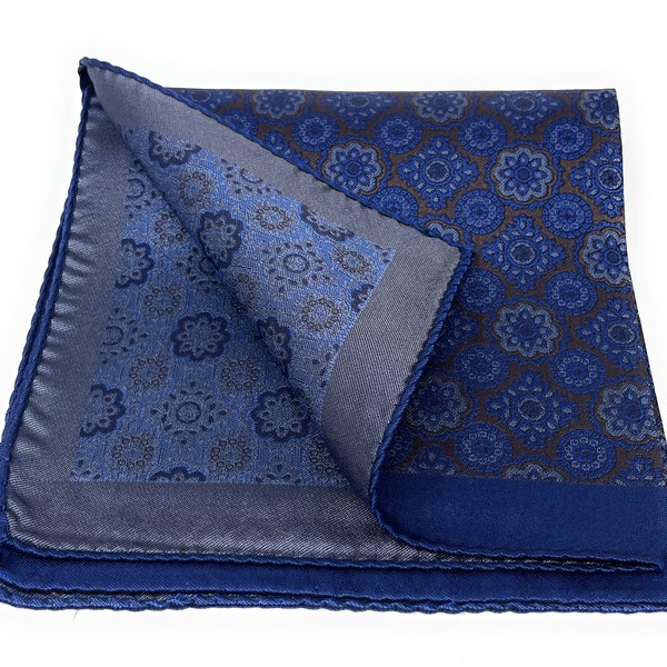 Blue and Brown Medallion Silk Italian Pocket Square