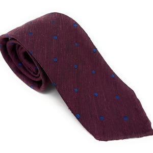 Maroon Shantung Silk Tie with Blue Polka Dots – Handmade Italian Tie for Men, Business Tie, Casual Necktie, Gift for Him