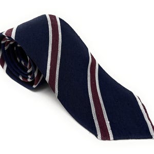 Navy Shantung Silk Tie with Burgundy and White Stripes, Handmade Wedding Tie, Groomsmen Gift, Textured Silk Necktie, Italian Tie