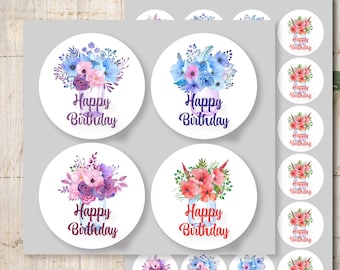 24 Aufkleber Sticker Etiketten Happy Birthday Geburtstag Blumen