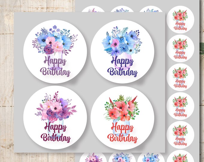 24 Stickers Labels Happy Birthday Birthday Flowers