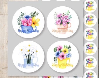 24 Aufkleber Sticker Etiketten Happy Birthday Geburtstag Blumen