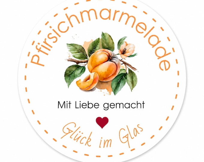 Pfirsichmarmelade Etiketten | Marmeladenetiketten | Runde Aufkleber für Marmeladengläser | Selbstgemachte Marmelade | 4–8 cm