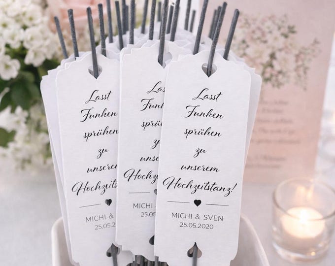 25 Wunderkerzen Anhänger personalisiert – Hochzeit – Dankeschön Tag – 5x15 cm – verschiedene Farben – Text & Sprache frei wählbar