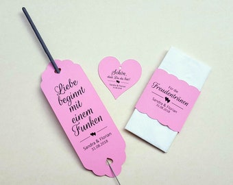 10 Hochzeitsset Wunderkerzen Taschentücher Wedding Set personalisiert rosa Banderolen Wunderkerzenhalter Gift Tags