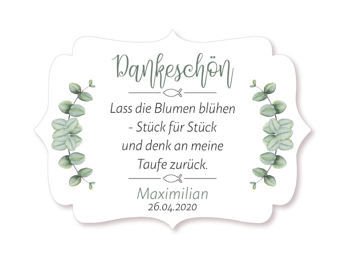 Personalisierte Dankeschön Aufkleber Taufe, Eukalyptus Sticker, Gastgeschenk Etiketten, Kommunion, Geburt, Blumensamen Deko, 16 Stück